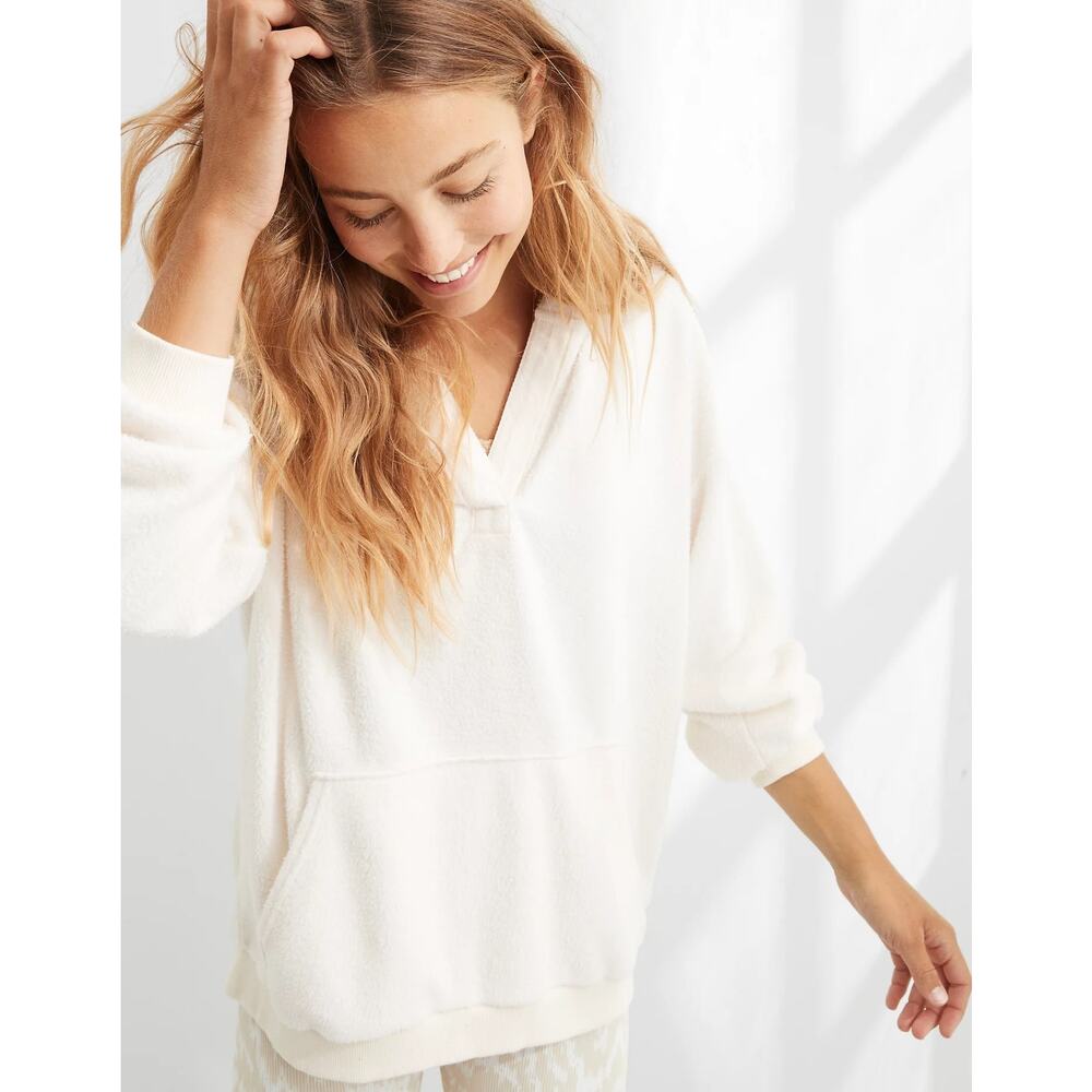 Aerie Cream Oversized Hooded Pullover with Fleece Details 1/2 Button FLAWED